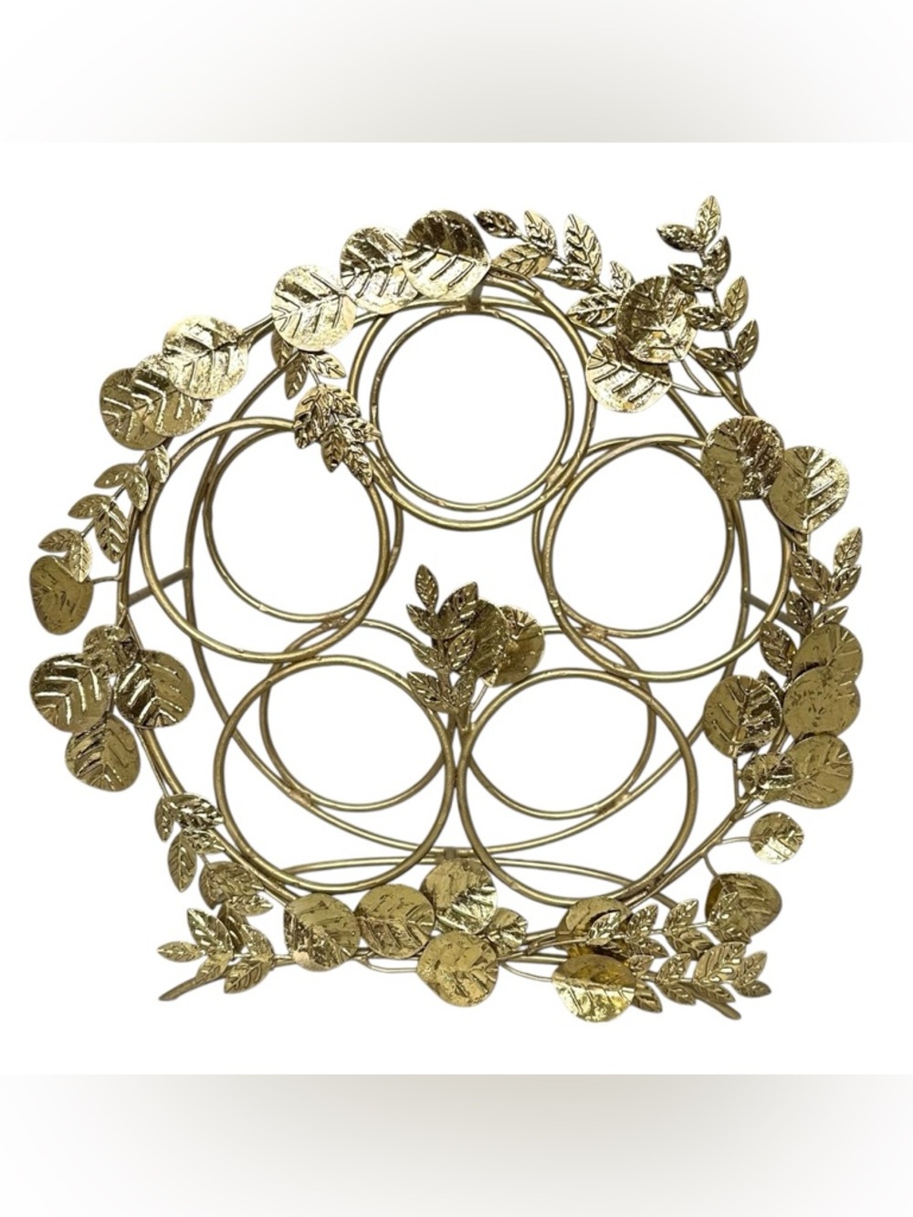 Anthropologie Faustine Wreath 5 Bottle Wine Rack Gold Metal Leaves